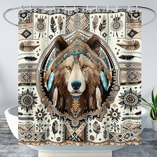AILONEN Dreamcatcher Wolf Shower Curtain for Bathroom Decor,Retro Boho Wolf Bath Curtain for Kids Boys Girls,Print Polyester Waterproof with 12 Plastic Hooks 72" W*84" H