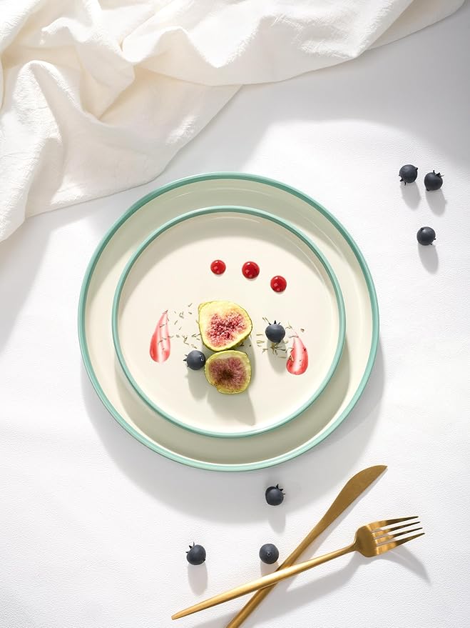 Famiware Lake MacDonnell Plates and Bowls Set for 4, 12 Pieces Dinnerware Sets, Handcrafted, Stoneware Dishes Set, Green and Beige