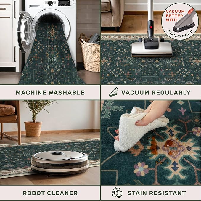 Dark Green Kitchen Rug 10 ft Long - Modern Vintage Boho Unique Floral with Gold Accent, Washable Low Pile Non-Slip Extra Long Wide Runner Rugs for Hallway, 3x10