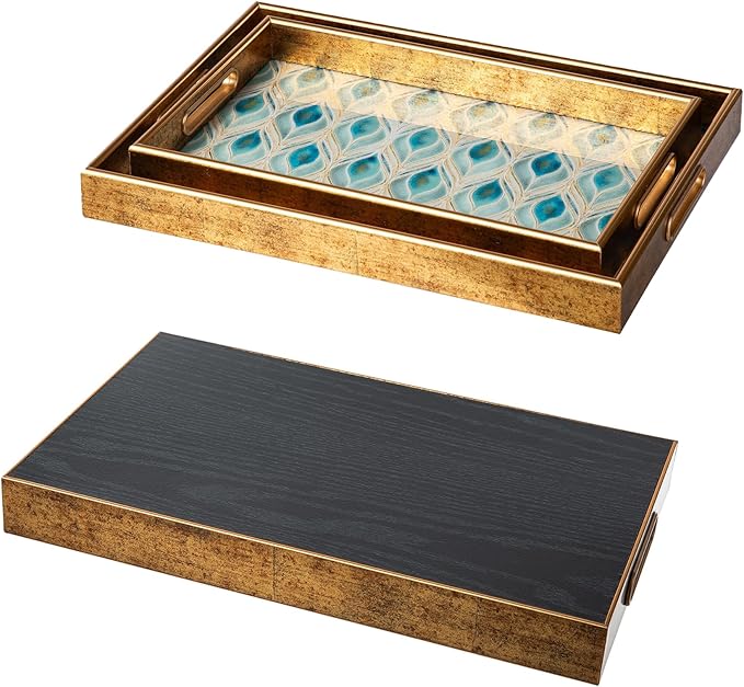 Glitzhome Serving Tray with Handles, Set of 2 Rectangle Wooden & Plastic Peacock Feathers Pattern Decorative Trays Storage Tray for Living Room Ottoman Party Supplies, 17.5" x12.5" and 15.75" x 9.75"