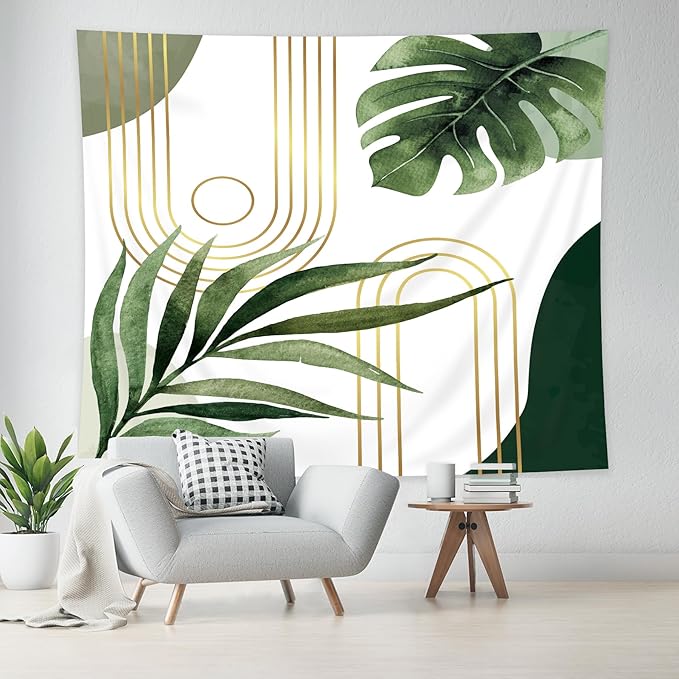 KOMLLEX Abstract Boho Mid Century Tapestry Tropical Leaves Modern Geometric Arch Minimalist Bohemian Plant Botanical Aesthetic Wall Hanging Neutral Sage Green Gold Home Decor Art for Bedroom 78Wx59H