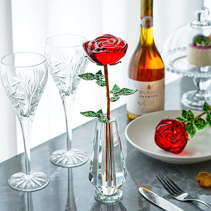 HDCRYSTALGIFTS Crystal Rose Flower Figurine Collectible Flower Gifts for Women,Crystal Glass Flower Collectible Ornaments for Christmas Home Table Centerpiece