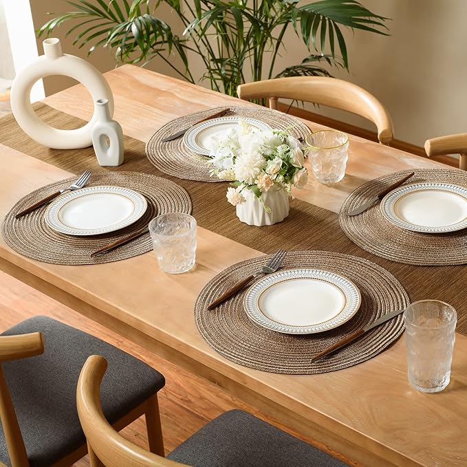 FunWheat Round Braided Placemats Set of 4 Place mats for Dining Tables Woven Heat Resistant Table Mats 15 inch for Fall(E Brown, 4pcs)