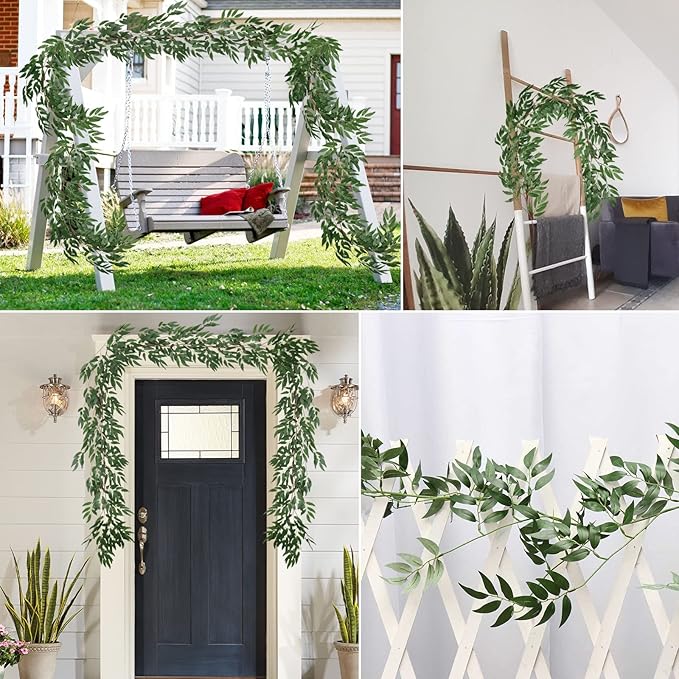 RECUTMS Artificial Willow Leaves Vine Twigs 2Pcs 5.7Ft Fake Hanging Ivy Plants Silk Green Leaf Rattan Garland Greenery Decor for Indoor Outdoor Home Wedding Arch Jungle Beach Birthday Party Garden