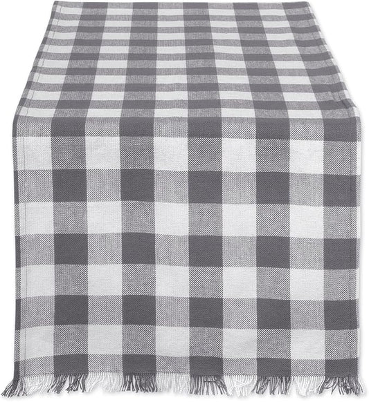 DII Heavyweight Fringed Check Tabletop Collection, Table Runner, 14x72, Gray