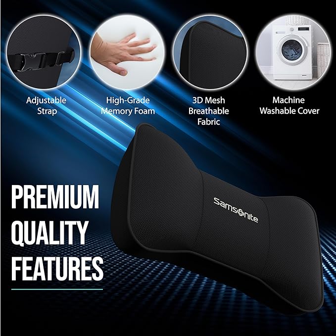SAMSONITE, Travel Neck Pillow for Car or SUV, Boost your DRIVING COMFORT, High Grade - Memory Foam, Comfortable Headrest Cushion, Fits ALL VEHICLES, Black…