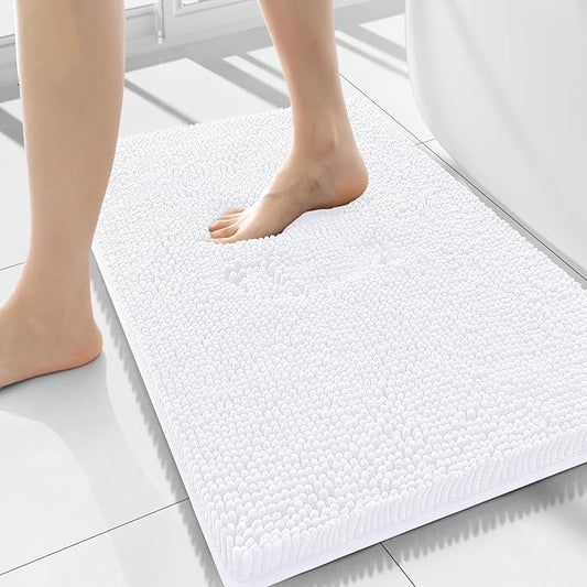 Smiry Luxury Chenille Bathroom Rugs 34x21, Extra Soft and Absorbent Shaggy Bath Mat, Machine Washable, Non-Slip Plush Carpet Runner for Tub, Shower, and Floor, Home Decor Accessories, White