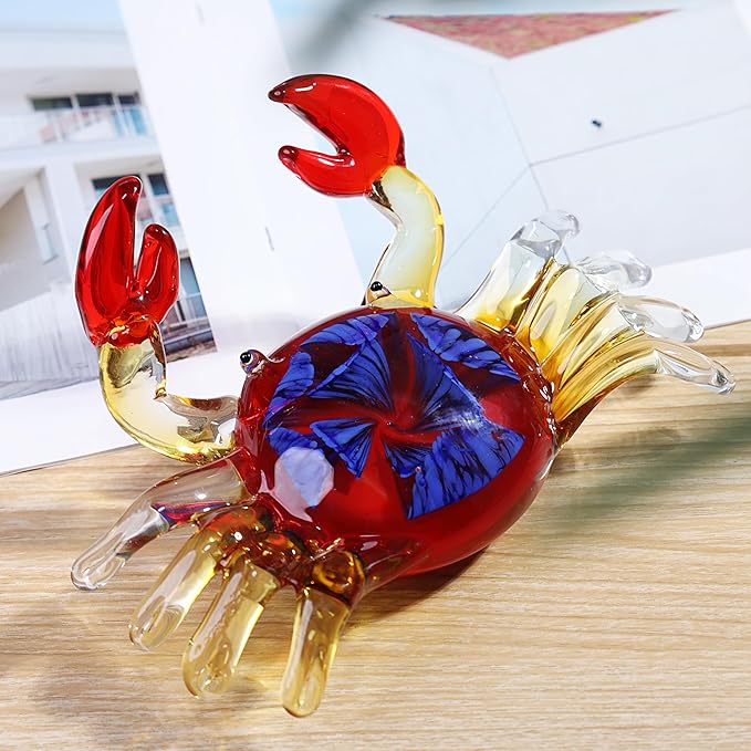 YAOYUAN Handmade Red Glass Crab Paperweight with Blue Flower - Unique Glass Animal Sculpture for Home Decor