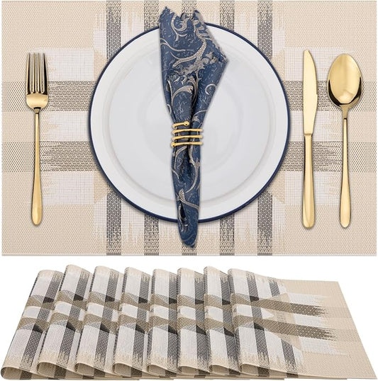 Winknowl Placemats Set of 8, Heat Resistant Stain Resistant Woven Vinyl Insulation Place mats, Durable Washable Elegant Table Mats for Kitchen Dining Table Decor (Geometric Beige)