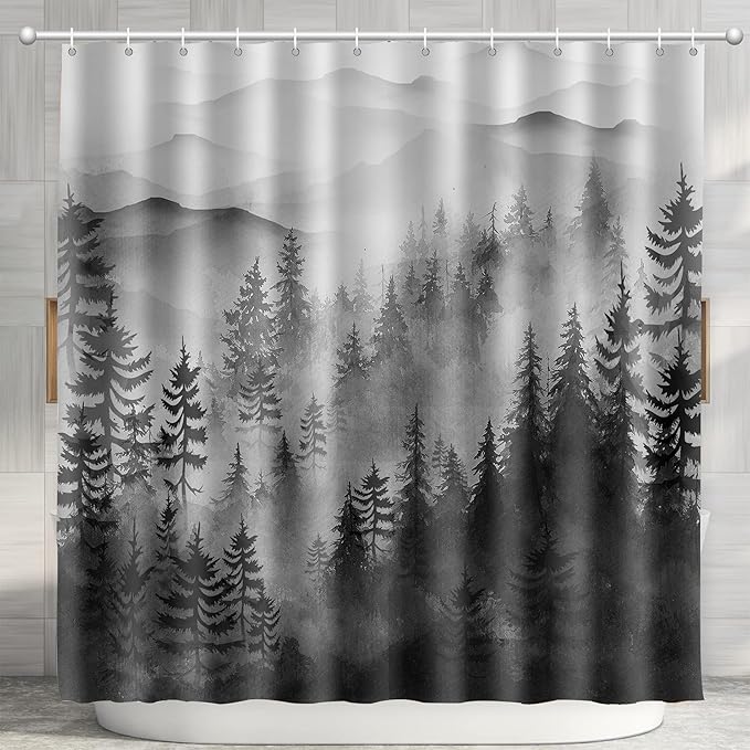 Foggy Mountain Shower Curtain Sets ature Woodland Forest Shower Curtains with 12 Hooks (Forest, 72" x 72")