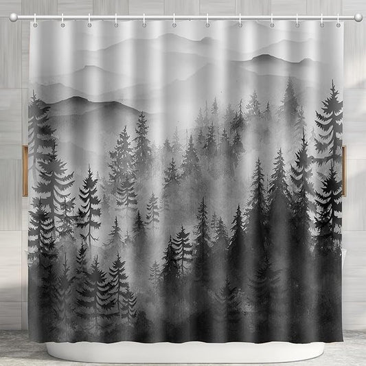 Foggy Mountain Shower Curtain Sets ature Woodland Forest Shower Curtains with 12 Hooks (Forest, 72" x 72")