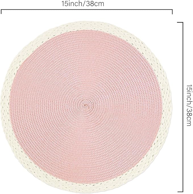 Noctiflorous Round Braided Placemats Set of 8 Table Mats 15 Inches Washable Heat Resistant for Dining Table Non-Slip Indoor Outdoor Place Mats for Easter(02 White Edge Pink 8)