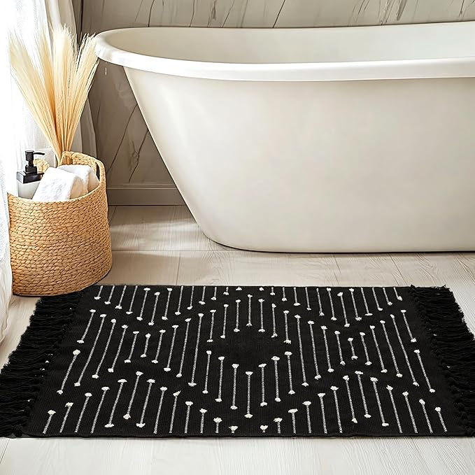 Tritard Boho Bathroom Rug 2x3 - Woven Cotton Washable Area Rugs with Tassels Small Aztec Entryway Throw Rugs Farmhouse Bath Door Mat Low Pile for Entrance, Kitchen, Front Porch, Black and White