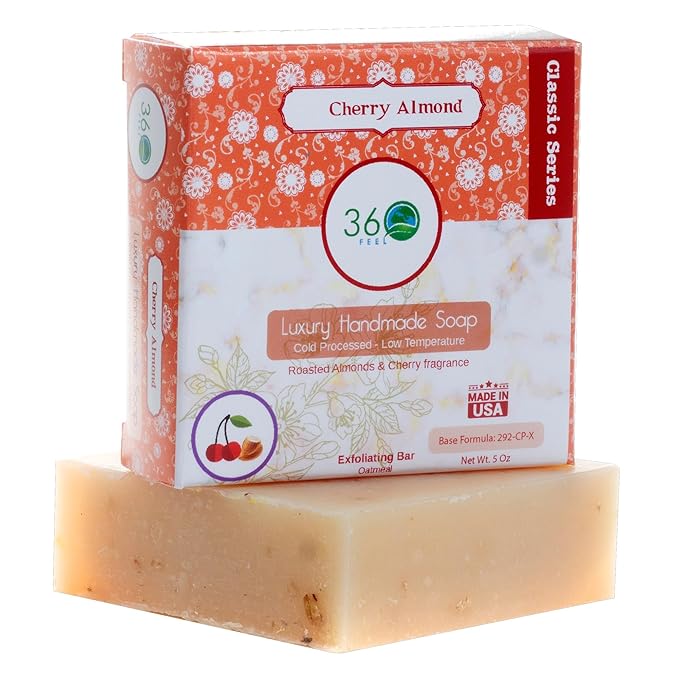 360Feel Cherry Almond Soap - Handcrafted Castile Soap Bar with Soothing Scent - Handmade with Essential Oil - Suitable Gift for Anniversaries, Weddings, and Holiday Stockings - Rich Lather