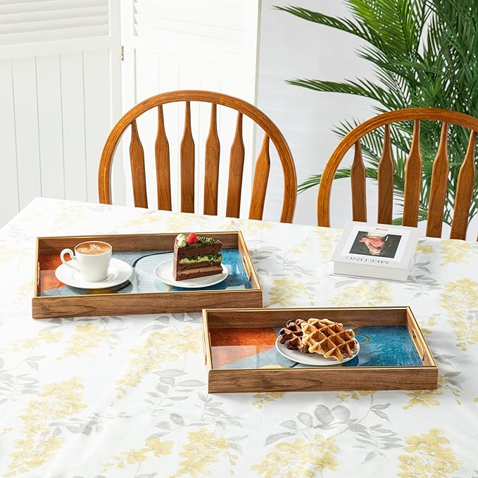 Glitzhome Serving Tray with Handles, Set of 2 Rectangle Wooden & Plastic Abstract Decorative Trays Storage Tray for Living Room Ottoman Coffee Table Parties Supplies, 17.5" x12.5" and 15.75" x 9.75"