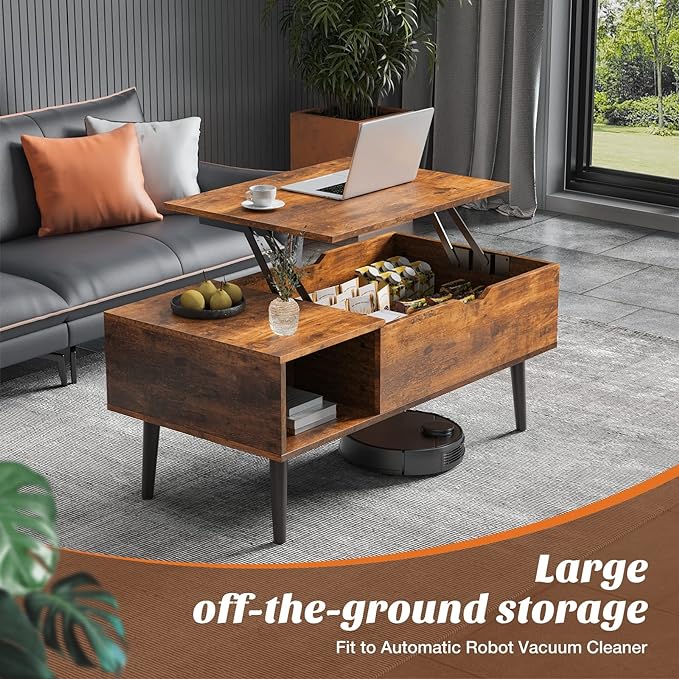 Sweetcrispy Coffee Table, Lift Top Coffee Tables for Living Room, Small Rising Wooden Dining Center Tables with Storage Shelf and Hidden Compartment, Brown