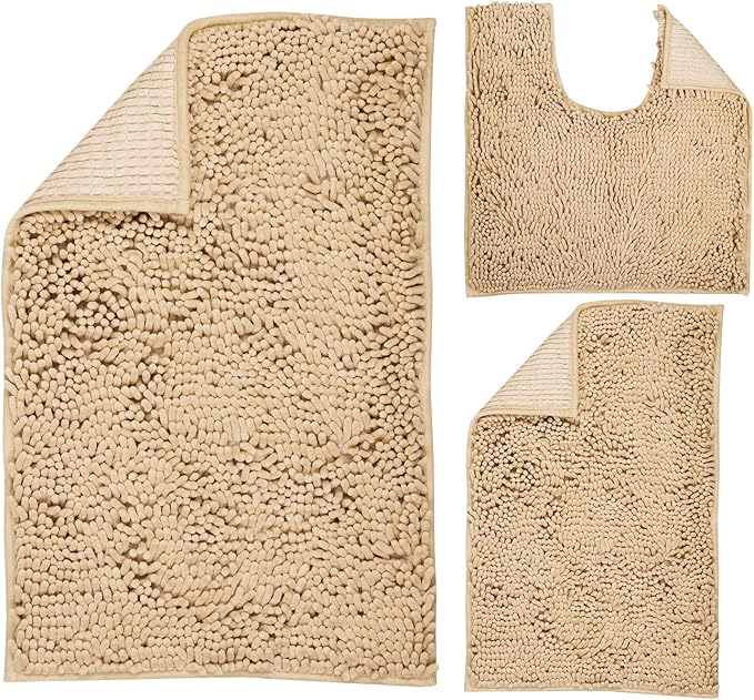 ZiYiJuan Bathroom Rugs, Super Absorbent Luxury Shaggy Chenille Bath Mats,Beige 20x20_17x24_20x32