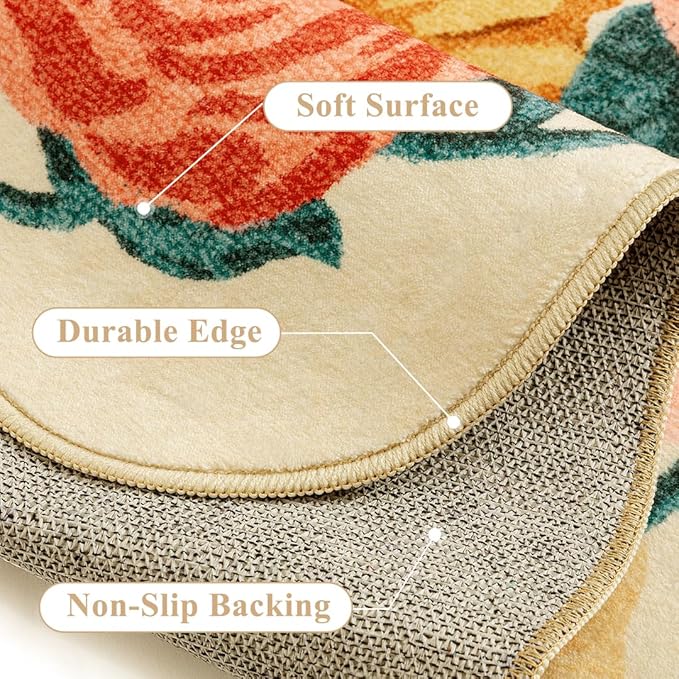 Washable Floral Runner Rug 2x5 Beige Hallway Carpet Scalloped Flower Non Slip Soft Long Kitchen Runner Farmhouse Low Pile Thin Indoor Floor Cover for Bathroom Bedroom Laundry Room Entryway