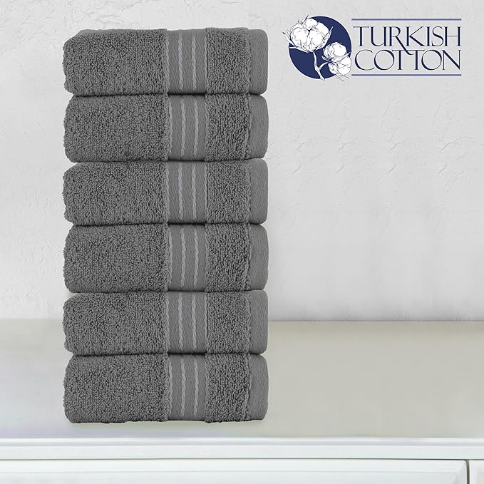 Elegant Comfort Premium Turkish Cotton 6 Pack Washcloths Set - 13 x 13 inch, Luxurious Hotel Spa Quality 100% Turkish Cotton 6PC Washcloth Set - Highly Absorbent - Soft Bathroom Towels, Grey