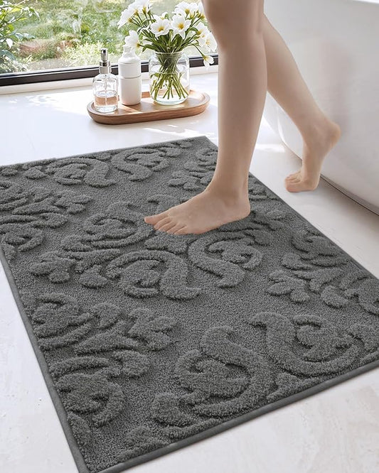 DEXI Bathroom Rug 17x30, Non Slip Washable Bath Mat for Shower Floor, Absorbent Soft Bathmat with Rubber Backing, Plush Fluffy Microfiber Floral Retro Carpet, Dark Grey