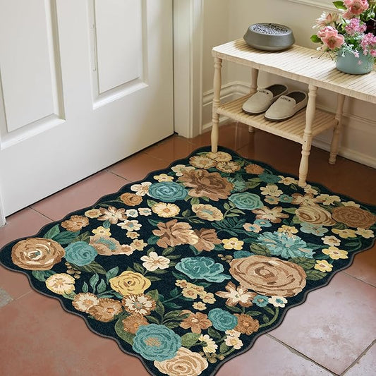 Washable Floral Area Rug 2x3 Black Small Entryway Carpet Scalloped Flower Non Slip Soft Entrance Door Mat Farmhouse Low Pile Indoor Thin Floor Cover for Bathroom Kitchen Bedroom Laundry Room