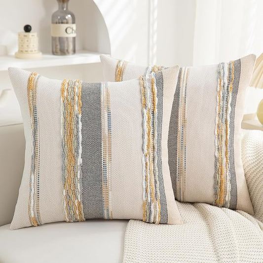 Boho Pillow Covers 18x18 Set of 2 for Couch-Modern Farmhouse Sofa Decorative Throw Pillow Covers Textured Chenille Cushion Covers Outdoor Netural Bohemian Pillow Cases Square
