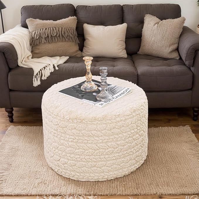 Round Pouf Ottoman 20 x 20 x 14 Inches Boho Poof Home Decor Floor Pouffe Ottoman Foot Rest for Couch Sofa Bean Bag Chairs Living Room Bedroom (Linen White)