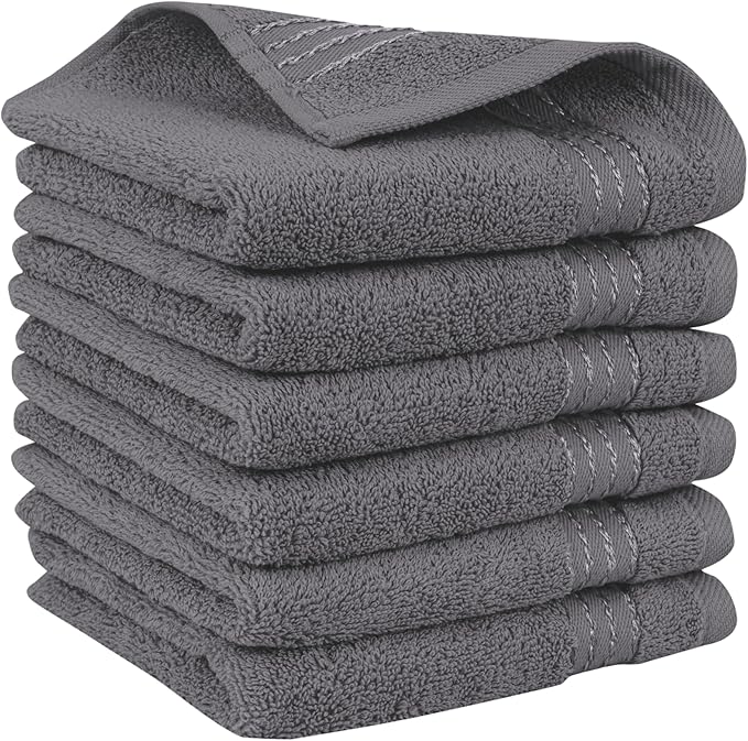Elegant Comfort Premium Turkish Cotton 6 Pack Washcloths Set - 13 x 13 inch, Luxurious Hotel Spa Quality 100% Turkish Cotton 6PC Washcloth Set - Highly Absorbent - Soft Bathroom Towels, Grey