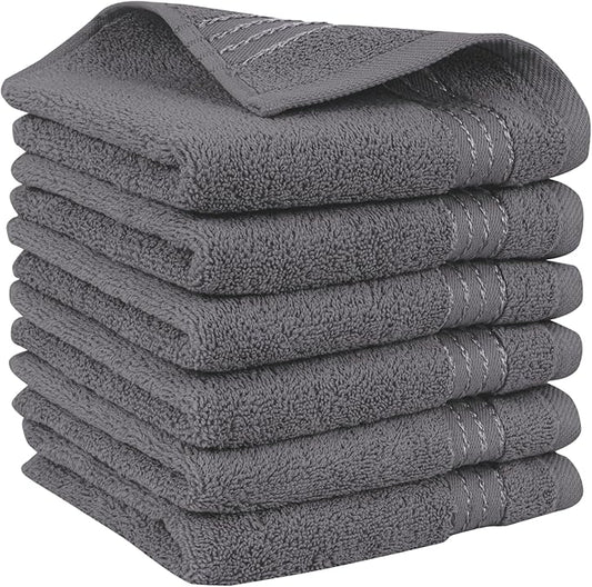 Elegant Comfort Premium Turkish Cotton 6 Pack Washcloths Set - 13 x 13 inch, Luxurious Hotel Spa Quality 100% Turkish Cotton 6PC Washcloth Set - Highly Absorbent - Soft Bathroom Towels, Grey