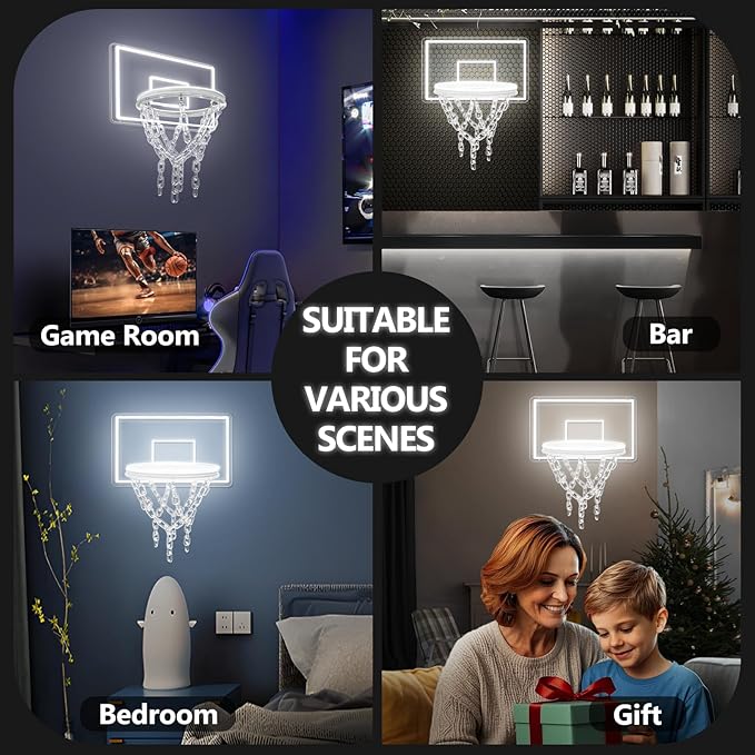 Basketball Hoop Neon Sign for Wall Decor,Dimmable Basketball Hoop Light,Sports Neon Signs with Ball and Pump,Basketball Toy Gift for Sports Fans(White)
