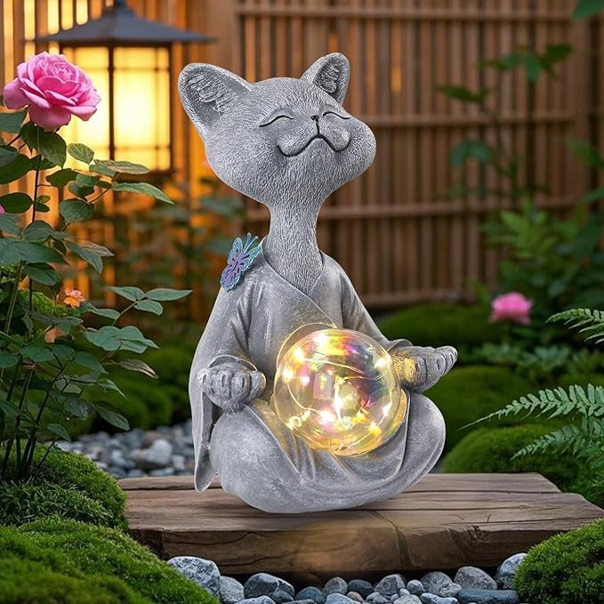 Solar Garden Decor Statues 7" Resin Cat Figurines with Glass Ball Waterproof Cat Decor for Outside Yard Patio Porch Decoration Gift for Mom Grandma
