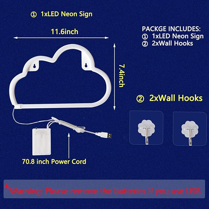 Cloud Neon Signs, LED Cloud Neon Light for Wall Decor, Battery or USB Powered Cloud Sign Shaped Decoration Wall Lights for Bedroom Aesthetic Teen Girl Kid Room Christmas Birthday Wedding Party Yellow