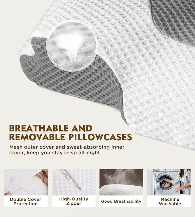 Osteo Cervical Pillow for Neck Pain Relief, Hollow Design Odorless Memory Foam Pillows with Cooling Case, Adjustable Orthopedic Bed Sleeping, Contour Support Side Back Stomach Sleepers