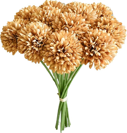 Mandy's Light Brown Artificial Ball Chrysanthemum 12 Stems Faux Flowers with Bendable Stems for DIY Wedding Centerpiece Fall Decor Home Arrangements