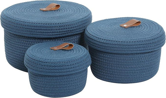 Cottonphant Set of 3 Stylish Round Woven Baskets with Lids - Elegant Storage Solution for Home Decor and Organization - Compact Shelf Baskets (Dark Blue, 10"x6"-8"x5"-6"x4")
