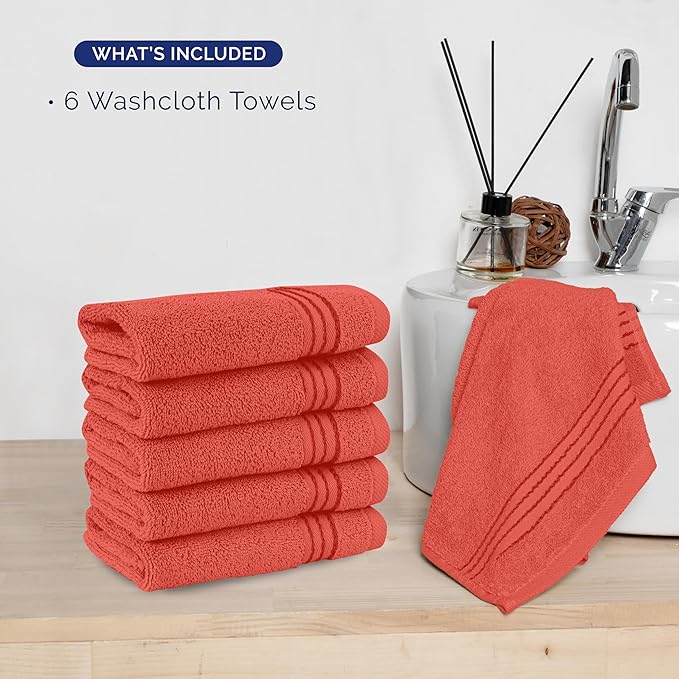Elegant Comfort Premium Turkish Cotton 6 Pack Washcloths Set - 13 x 13 inch, Luxurious Hotel Spa Quality 100% Turkish Cotton 6PC Washcloth Set - Highly Absorbent - Soft Bathroom Towels, Coral
