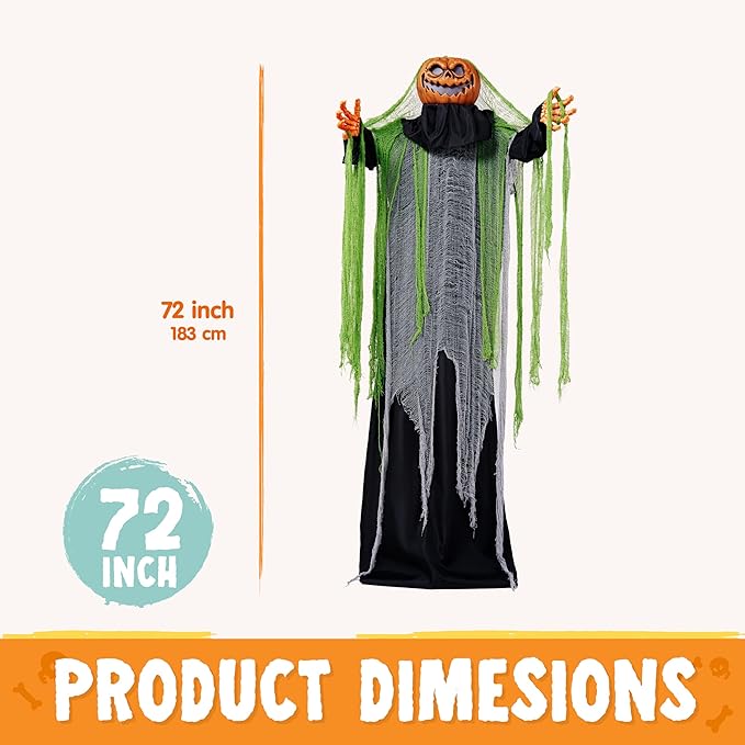 JOYIN 72" Halloween Decorations Outdoor Life Size Animatronics Ghost Pumpkin Decor, Sound-Actived Haunted House Props with Creepy Sound for Garden Yard Lawn