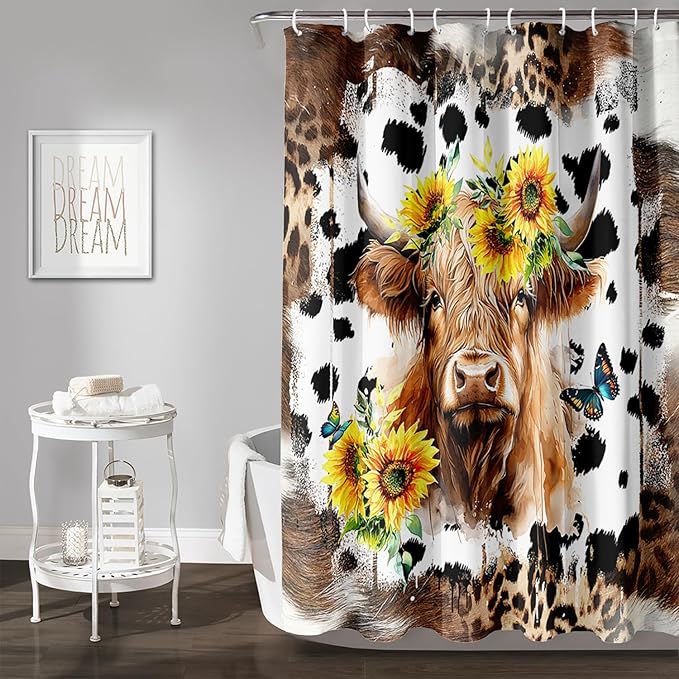 AILONEN Yak Shower Curtains for Kids Boys Girls,Highland Cattle Sunflower Cow Fur Print Bath Curtains for Bathroom Decor,Polyester Waterproof with 12 Plastic Hooks 72" W*84" H