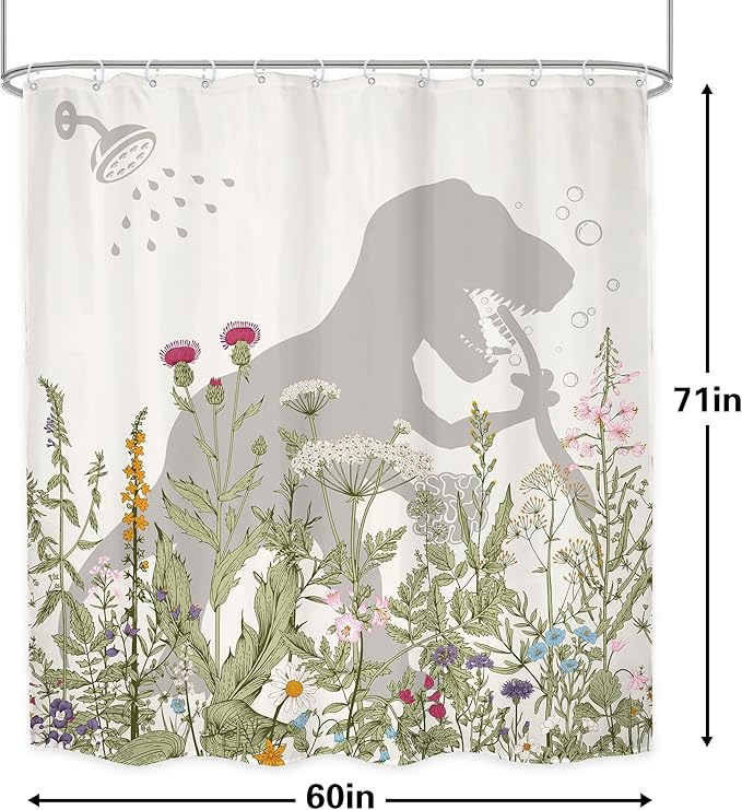 LGhtyro Dinosaur Wildflower Kids Shower Curtain Bathroom Set 60Wx71H Inches Funny Dino Silhouette Floral Rustic Plant Leaves Botanical Bath Accessories for Boys Art Home Decor Fabric 12 Pack Hooks