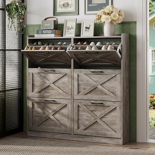 Maupvit Large Shoe Storage Cabinet with 6 Flip Drawers, Freestanding Shoe Organizer with Metal Handles for Entryway, Narrow Shoe Rack Cabinet, Light Rustic Oak