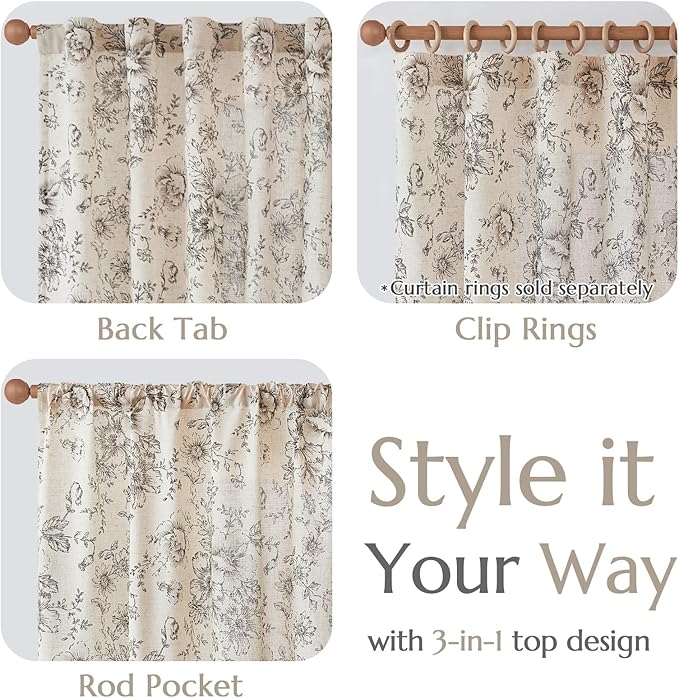jinchan Lined Linen Blend Curtain Floral Curtains for Living Room 108 Inches Extra Long Black Peony Flower Printed Curtain Back Tab Farmhouse Patterned Drapes Bedroom Window Curtain Set 2 Panels