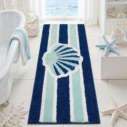 Navy Blue Beach Long Bathroom Rugs Runner Non Slip Washable Cute Coastal Bath Mats Rugs for Bathroom Floor Nautical Fluffy Plush Soft Absorbent Farmhouse Carpet for Shower, Tub, 20x47 inch