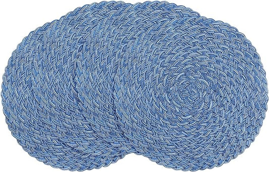 Floroom 15 Inch Round Braided Placemats Set of 4, Washable Heat Resistant Cotton Polyester Circle Boho Place Mats for Kitchen Dining Table - Seascape Blue