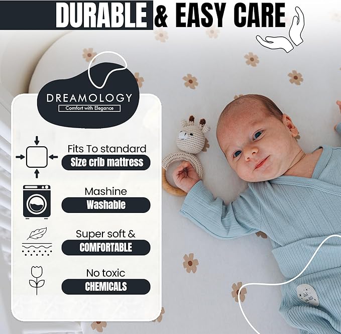 Mini Crib Fitted Sheet, 100% Cotton Knitted Jersey, Pack n Play Sheet, Breathable, Fitted Crib Sheets, Super Soft, Toddler Fitted Sheet,2 Pack,Brown/Flowers, 38x24x6