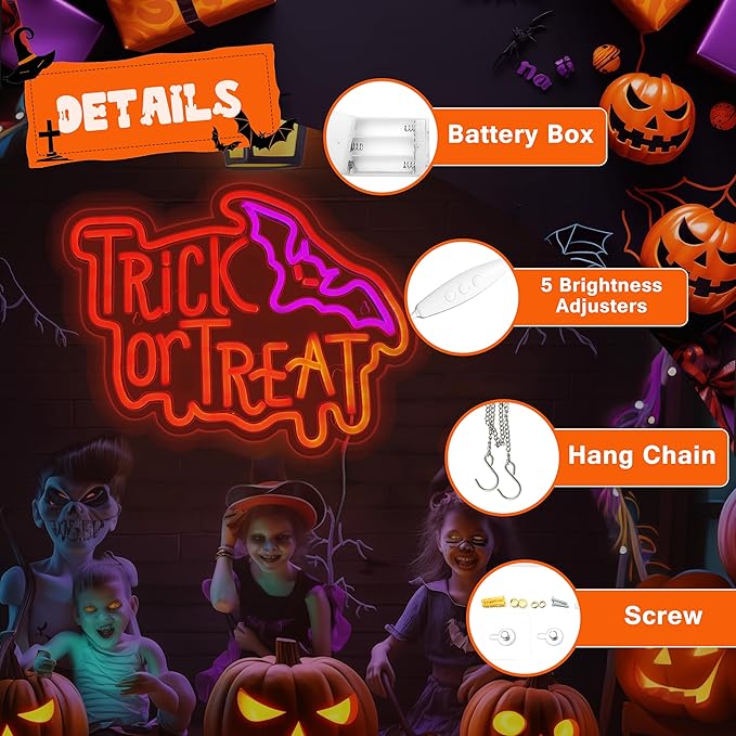 Halloween Neon Sign, Halloween Trick or Treat Neon Light Battery or Usb Powered for Wall Decor, Adjustable Brightness Halloween Neon Light(14.9 x 11.6 inches)