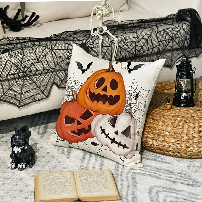 AVOIN colorlife Halloween Pumpkin Jack-O'-Lanterns Bat Throw Pillow Cover, 18 x 18 Inch Holiday Farmhouse Cushion Case Decoration for Sofa Couch
