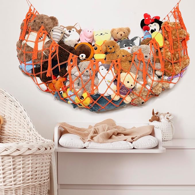 Stuffed Animal Net or Hammock -Wall Mounted-Handmade Macrame Toy Hammock Organizer Stuffed Animal Display Plush Toys Holder Boho Decor for Nursery Playroom orange