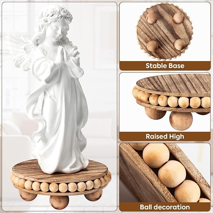 2Pcs Wood Risers for Display Decorative,Round Beaded Riser Distressed for Decor ,Wooden Farmhouse Coasters Mini Cake Stand Plant Stand,Rustic Pedestal Stand Decor Display Risers for Tiered