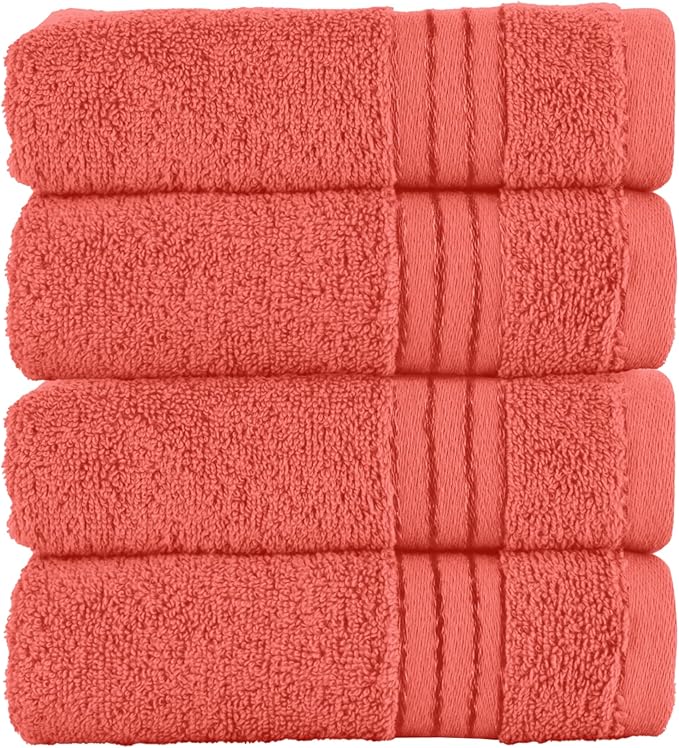 Elegant Comfort Premium Turkish Cotton 4 Pack Hand Towel Set - 16 x 28 inch, Luxurious Hotel Spa Quality 100% Turkish Cotton 4PC Hand Towel Set - Highly Absorbent - Soft Bathroom Towels, Coral