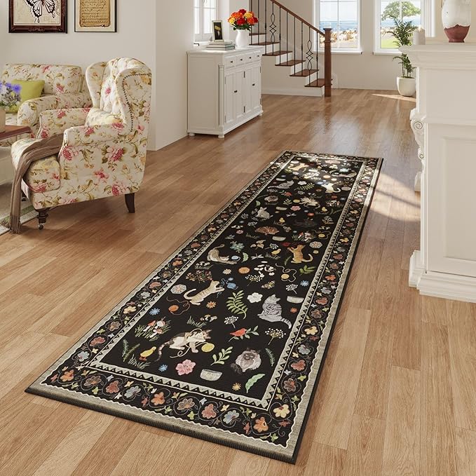 Runner Rug for Kitchen Non Slip 2'6''x8' Washable Rugs with Rubber Backing Soft Floral Animal Cat Carpet Runner for Kitchen Laundry Bedroom Bathroom, Black